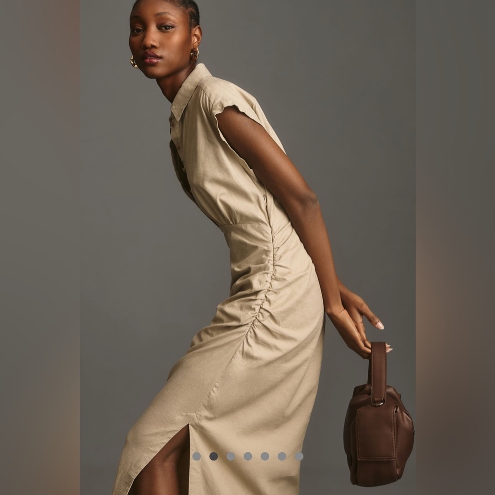 Anthropologie Tan Ruched Maxi Dress with Mandarin Collar size Mefium - Picture 4 of 12
